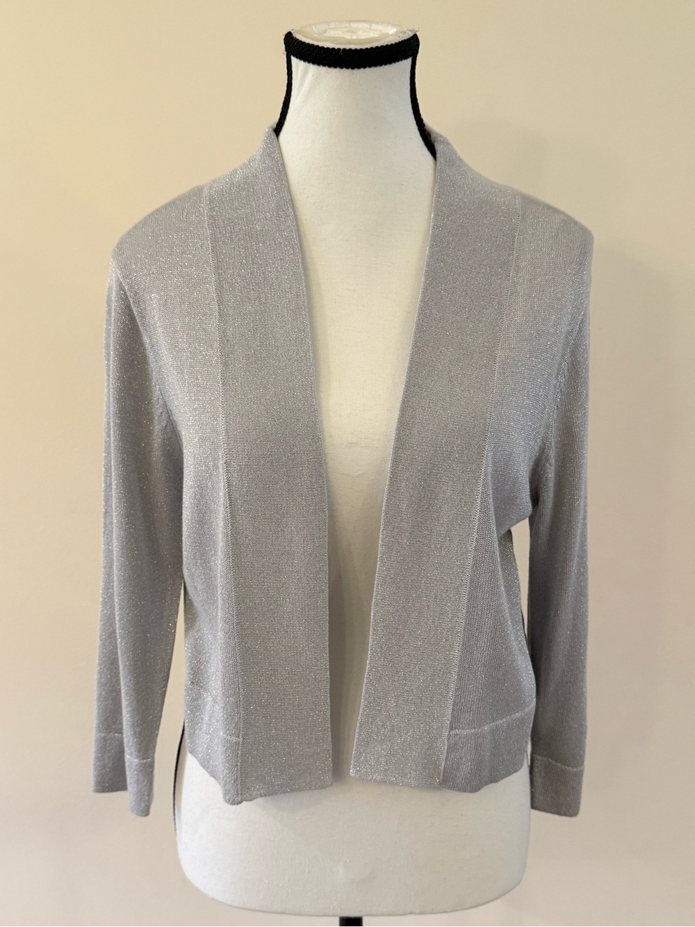 Ronni Nicole Silver-Gray Open-Front Metallic Cardigan